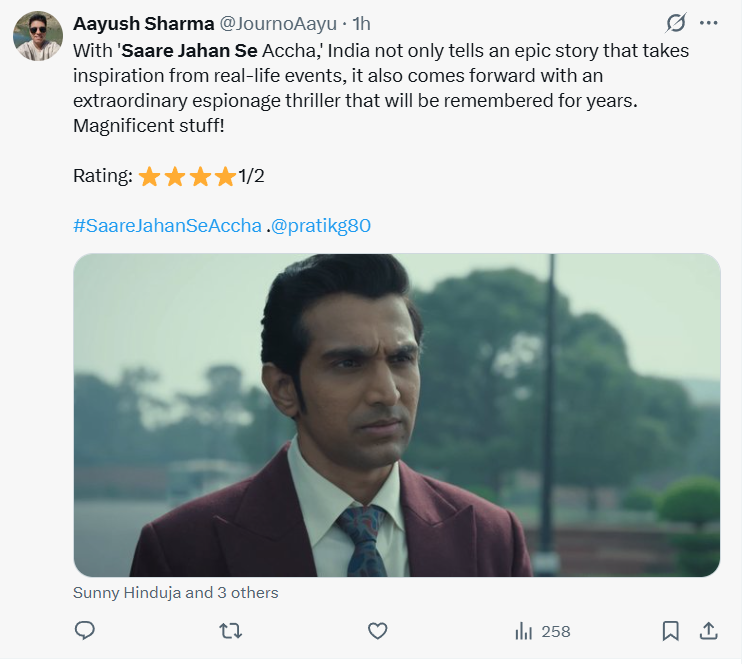 Screenshots of X posts praising Saare Jahan Se Accha Netflix series, August 2025.