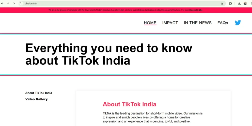 Tik Tok India official Website accessible